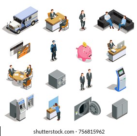 Bank isometric elements collection with customer service financial analyst bookkeeper credit card armored truck  isolated vector illustration 