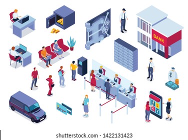 Bank isometric set with employees customers atm credit cards elements of office interior and security isolated vector illustration