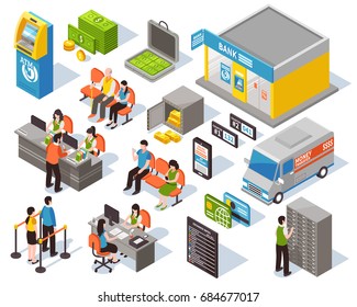 Bank isometric set including staff and visitors, office interior elements, atm and money, transportation isolated vector illustration