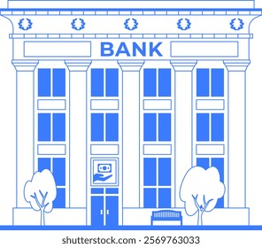 Bank line art illustration. Building facade icon with entrance on white background. One color blue outline graphic. Finance infographic concept. Old vintage architecture of downtown. Editable stroke.