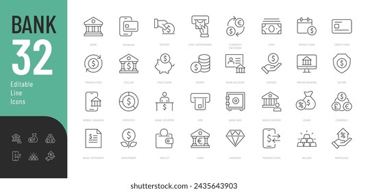 Bank Line Editable Icons set. Vector illustration in modern thin line style of finance related icons: banking operations, currency, online banking, and more. Pictograms and infographics for mobile app