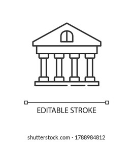Bank linear icon. Government building. University structure. Financial account. Thin line customizable illustration. Contour symbol. Vector isolated outline drawing. Editable stroke