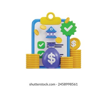 Bank loan agreement or Tax Office Column Building. Public Finance Audit Concept. 3D render Vector icon Illustration. Online banking, bank icon, money ben coin icon