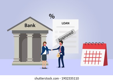 Bank Loan Approved Vector Concept. Businessman And Female Banker In Face Mask Handshaking Together With Bank Loan Application Approved