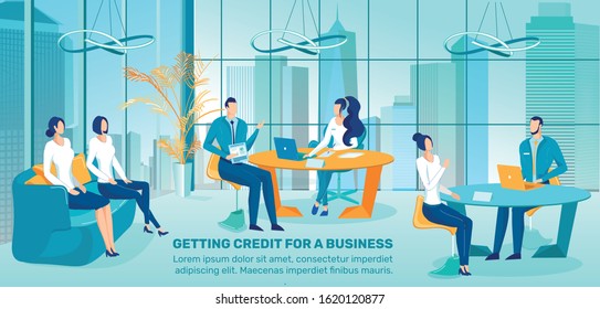 Bank Loan for Business Start, Fast Credits Offer for New Company or Startup Starting Flat Vector Advertising Banner, Promo Poster Template. Bank Credit Expert Interviewing Entrepreneurs Illustration