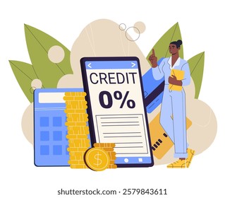 Bank loan concept. Woman near clipboard with credit percent. Financial literacy, budgeting and accounting. Consultant and advisor, banking agent. Flat vector illustration