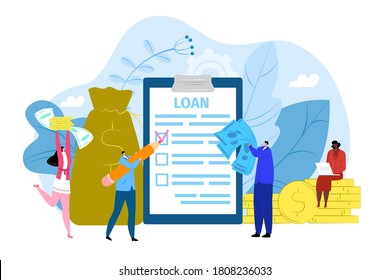 Bank loan contract concept, vector illustration. Agreement on paper document, tiny people with banking financial contracts and money. Successful loan deal in business, purchase, legal insurance.