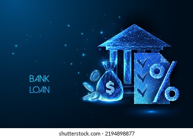 Bank Loan, Credit Agreement Concept With Money Bag, Coins, Bank Building, Document And Percent Sign 