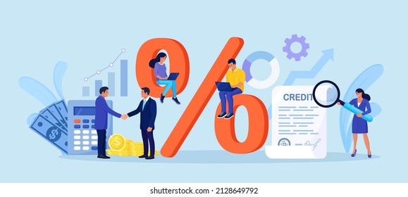 Bank loan, credit agreement. Tiny people and big percent sign. Discount, loyalty program, promotion. Good interest rate. Lending of organization or entity. Personal loans with interest-free periods