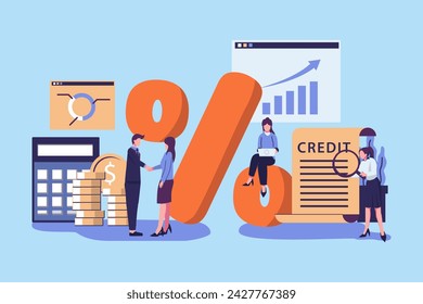 Bank loan, credit agreement. Tiny people and big percent sign. Discount, loyalty program, promotion. Good interest rate. Lending of organization or entity. Personal loans with interest-free periods