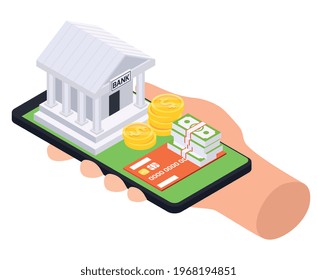 Composición isométrica de los préstamos bancarios con smartphone de mano humana con edificio de bancos y dinero en la ilustración vectorial superior