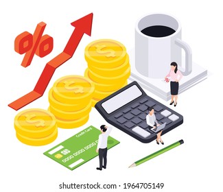 Bank loan isometric composition with icons of coin stacks with calculator arrow and characters of clerks vector illustration