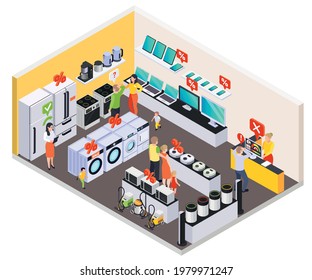 Bank Loan Isometric Composition With View Of Consumer Electronics Store And Home Appliances With Percentage Icons Vector Illustration