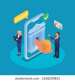 Bank loan online approval isometric concept with hand giving person stack of coins on color background 3d vector illustration