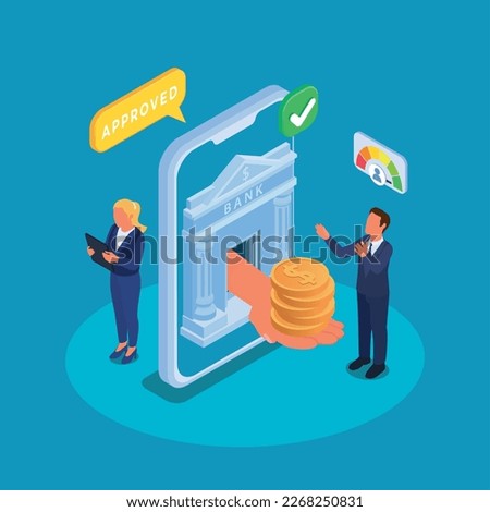 Bank loan online approval isometric concept with hand giving person stack of coins on color background 3d vector illustration