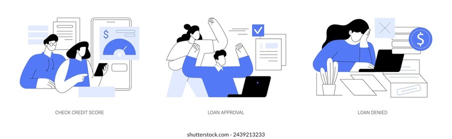 Bank loan service isolated cartoon vector illustrations set. Couple checking their credit score, happy with document of loan approval, upset with credit application rejection vector cartoon.