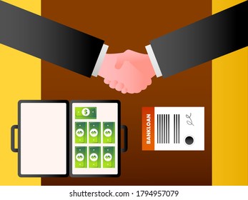 Concepto de vector de préstamos bancarios: apretón de manos sobre la cartera de documentos de préstamo bancario y en efectivo