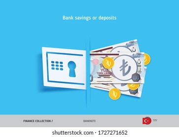 Bank loans. 100 Turkish Lira banknotes and gold coins . Flat style vector illustration.