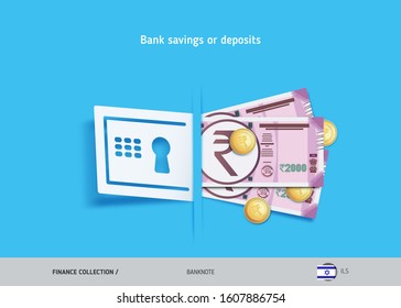 Bank loans. 2000 Indian Rupee banknotes and gold coins . Flat style vector illustration.