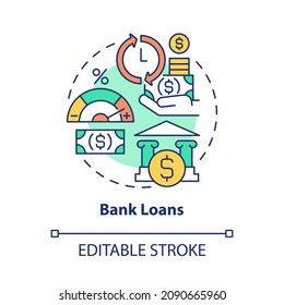 Icono de concepto de préstamos bancarios. Obteniendo dinero para el desarrollo empresarial. Financiar la puesta en marcha de empresas impulsa la idea abstracta como ilustración de línea delgada. Dibujo de color de contorno aislado del vector. Trazo editable