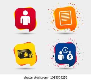 Bank loans icons. Cash money bag symbol. Apply for credit sign. Fill document and get cash money. Speech bubbles or chat symbols. Colored elements. Vector
