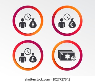 Bank loans icons. Cash money bag symbols. Borrow money sign. Get Dollar money fast. Infographic design buttons. Circle templates. Vector