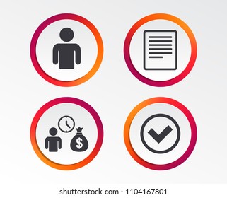 Bank loans icons. Cash money bag symbol. Apply for credit sign. Check or Tick mark. Infographic design buttons. Circle templates. Vector