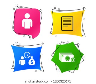 Bank loans icons. Cash money bag symbol. Apply for credit sign. Fill document and get cash money. Geometric colorful tags. Banners with flat icons. Trendy design. Vector