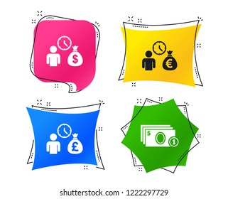 Bank loans icons. Cash money bag symbols. Borrow money sign. Get Dollar money fast. Geometric colorful tags. Banners with flat icons. Trendy design. Vector