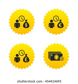 Bank loans icons. Cash money bag symbols. Borrow money sign. Get Dollar money fast. Yellow stars labels with flat icons. Vector