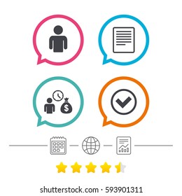 Bank loans icons. Cash money bag symbol. Apply for credit sign. Check or Tick mark. Calendar, internet globe and report linear icons. Star vote ranking. Vector