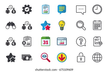 Bank loans icons. Cash money bag symbols. Borrow money sign. Get Dollar money fast. Chat, Report and Calendar signs. Stars, Statistics and Download icons. Question, Clock and Globe. Vector