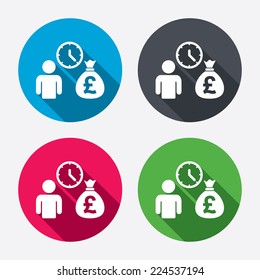 Bank loans sign icon. Get money fast symbol. Borrow money. Circle buttons with long shadow. 4 icons set. Vector
