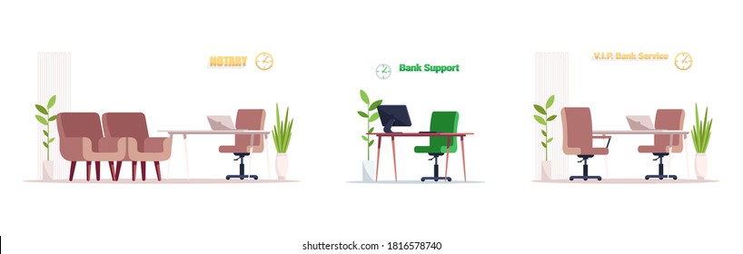 Bank Lobby Furniture Semi Flat RGB Color Vector Illustration Set. Waiting Area Indoors. Desk And Chair For Financial Consultation Isolated Cartoon Object On White Background Collection