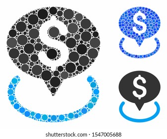 Bank location composition of small circles in various sizes and shades, based on bank location icon. Vector small circles are grouped into blue mosaic.