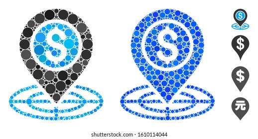 Bank location composition of small circles in various sizes and shades, based on bank location icon. Vector small circles are grouped into blue composition.
