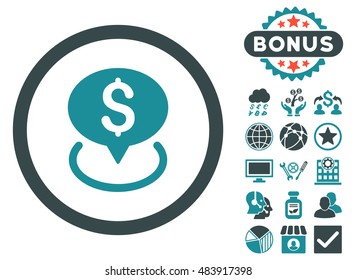 Bank Location icon with bonus elements. Vector illustration style is flat iconic bicolor symbols, soft blue colors, white background.