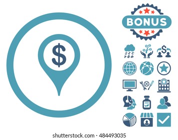Bank Location icon with bonus elements. Vector illustration style is flat iconic bicolor symbols, cyan and blue colors, white background.