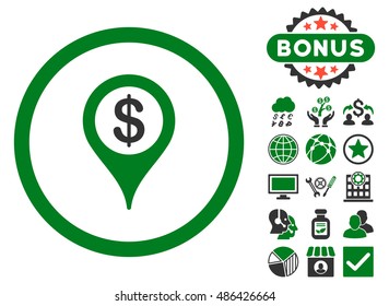 Bank Location icon with bonus elements. Vector illustration style is flat iconic bicolor symbols, green and gray colors, white background.