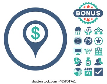 Bank Location icon with bonus symbols. Vector illustration style is flat iconic bicolor symbols, cobalt and cyan colors, white background.