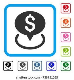 Bank Location icon. Flat gray iconic symbol inside a light blue rounded rectangular frame. Black, gray, green, blue, red, orange color additional versions of Bank Location vector.