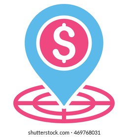 Bank Location icon. Vector style is bicolor flat iconic symbol with rounded angles, pink and blue colors, white background.