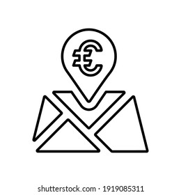 Ubicación del banco, marcador de mapa, icono del esquema de divisa del euro