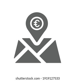 Bank location, map marker, euro currency icon. Gray vector.