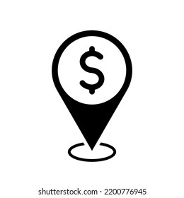bank location map pointer, dollar sign icon with location pin, black symbol isolated on white background, cash machine vector marker