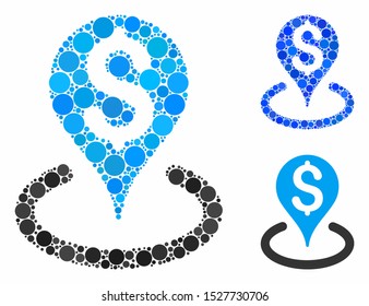 Bank location mosaic of filled circles in variable sizes and shades, based on bank location icon. Vector filled circles are organized into blue collage.