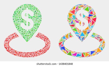 Bank location mosaic icon of triangle items which have various sizes and shapes and colors. Geometric abstract vector design concept of bank location.