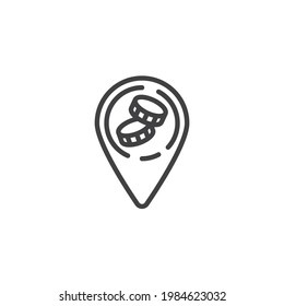 Bank location pin line icon. linear style sign for mobile concept and web design. Money map marker outline vector icon. Symbol, logo illustration. Vector graphics