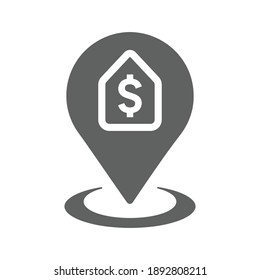 Bank location point icon. Gray vector graphics