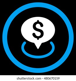 Bank Location rounded icon. Vector illustration style is flat iconic bicolor symbol, blue and white colors, black background.